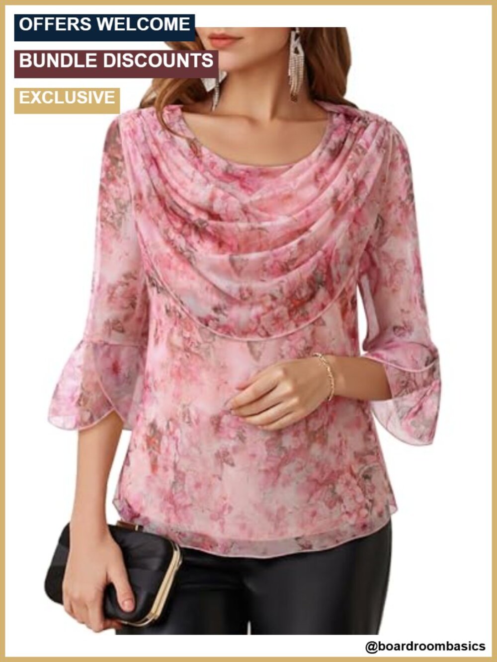 Women's Dressy Blouse 3/4 Sleeve Cowl Neck Evening Top